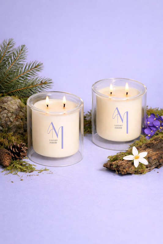 velvet forest candle with scent props: pine, floral, moss